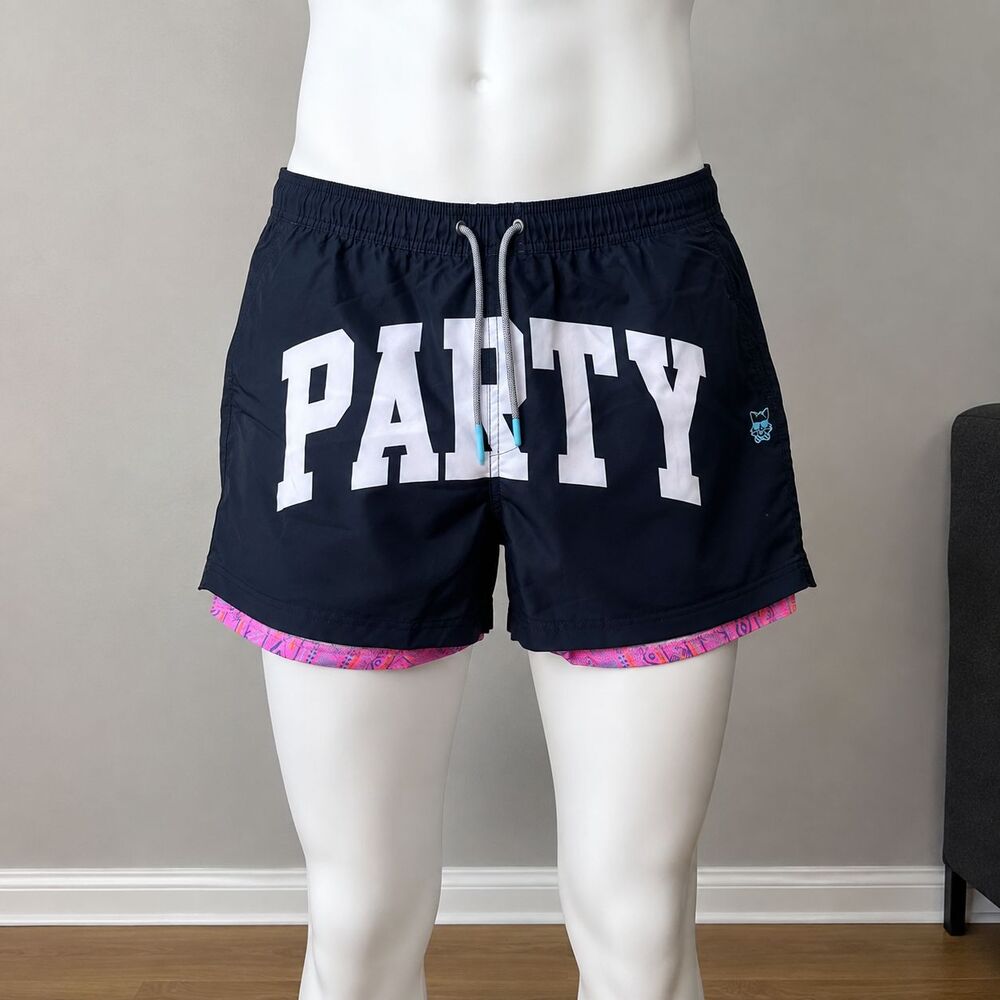 Party Pants Men's Party Boy 4" Game Changer Shorts Black Hybrid Swim Lining NWOT